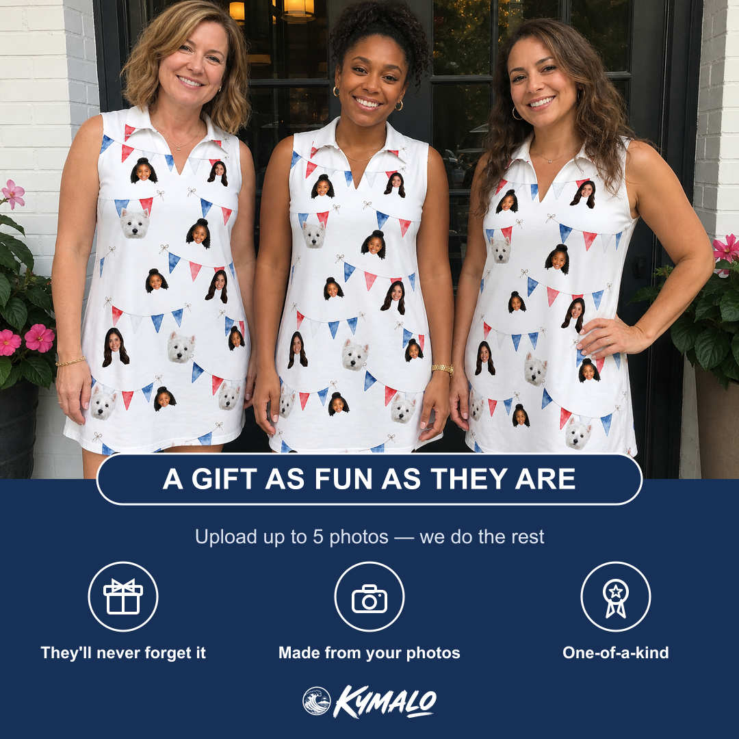 Friends in matching Women's Ruby Ruffles Custom Face V-Neck Dress — a group gift photo