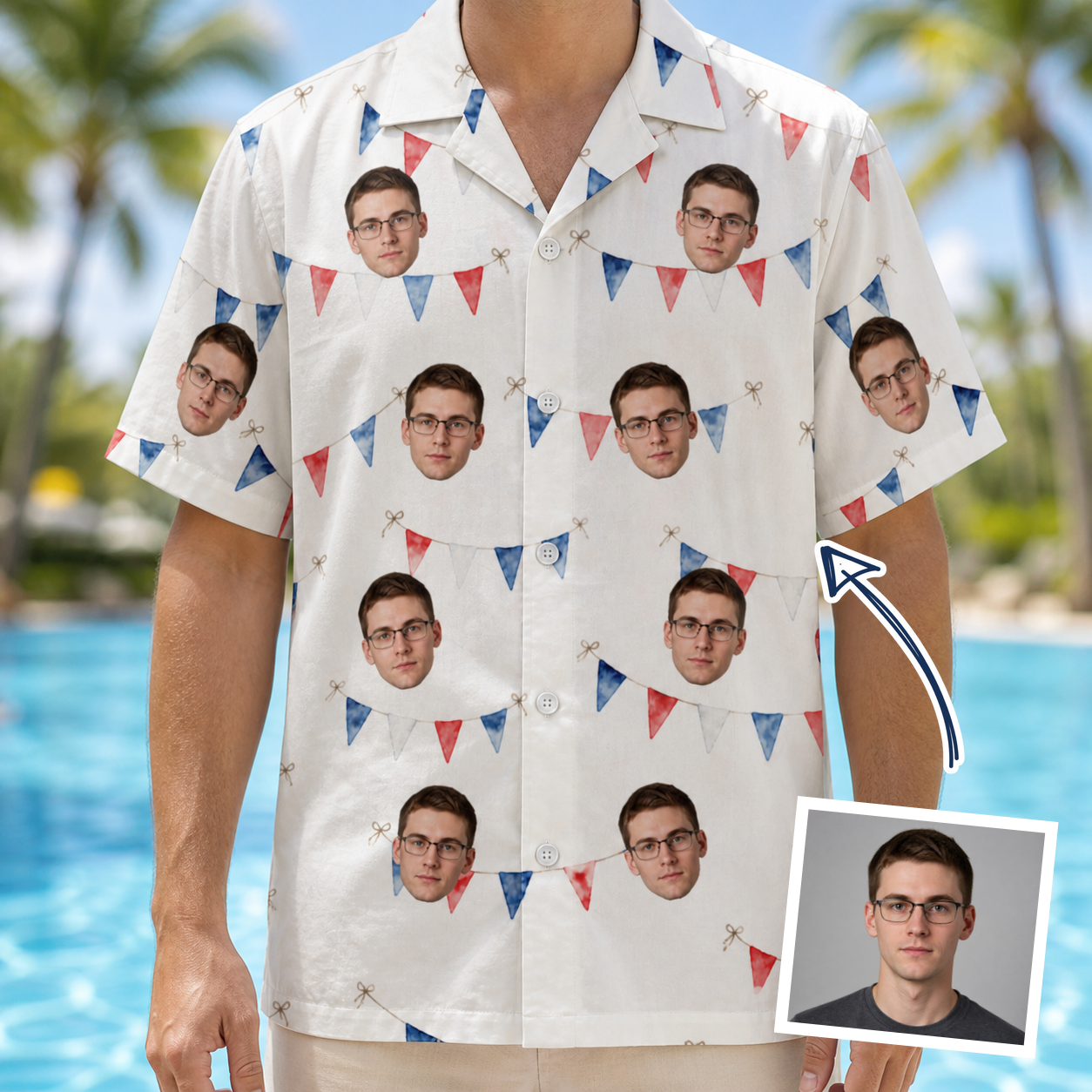 Man wearing Men's Ruby Ruffles Custom Face Hawaiian Shirt — custom faces printed all-over