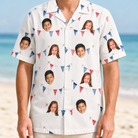 Model wearing Men's Ruby Ruffles Custom Face Hawaiian Shirt printed with kids' faces