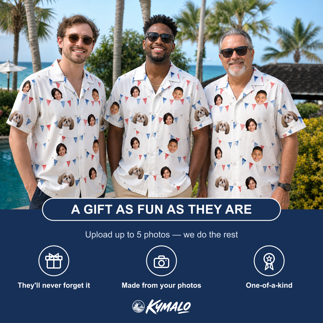 Friends in matching Men's Ruby Ruffles Custom Face Hawaiian Shirt — a group gift photo