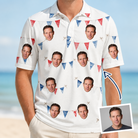 Man wearing Men's Ruby Ruffles Custom Face Polo Shirt — custom faces printed all-over
