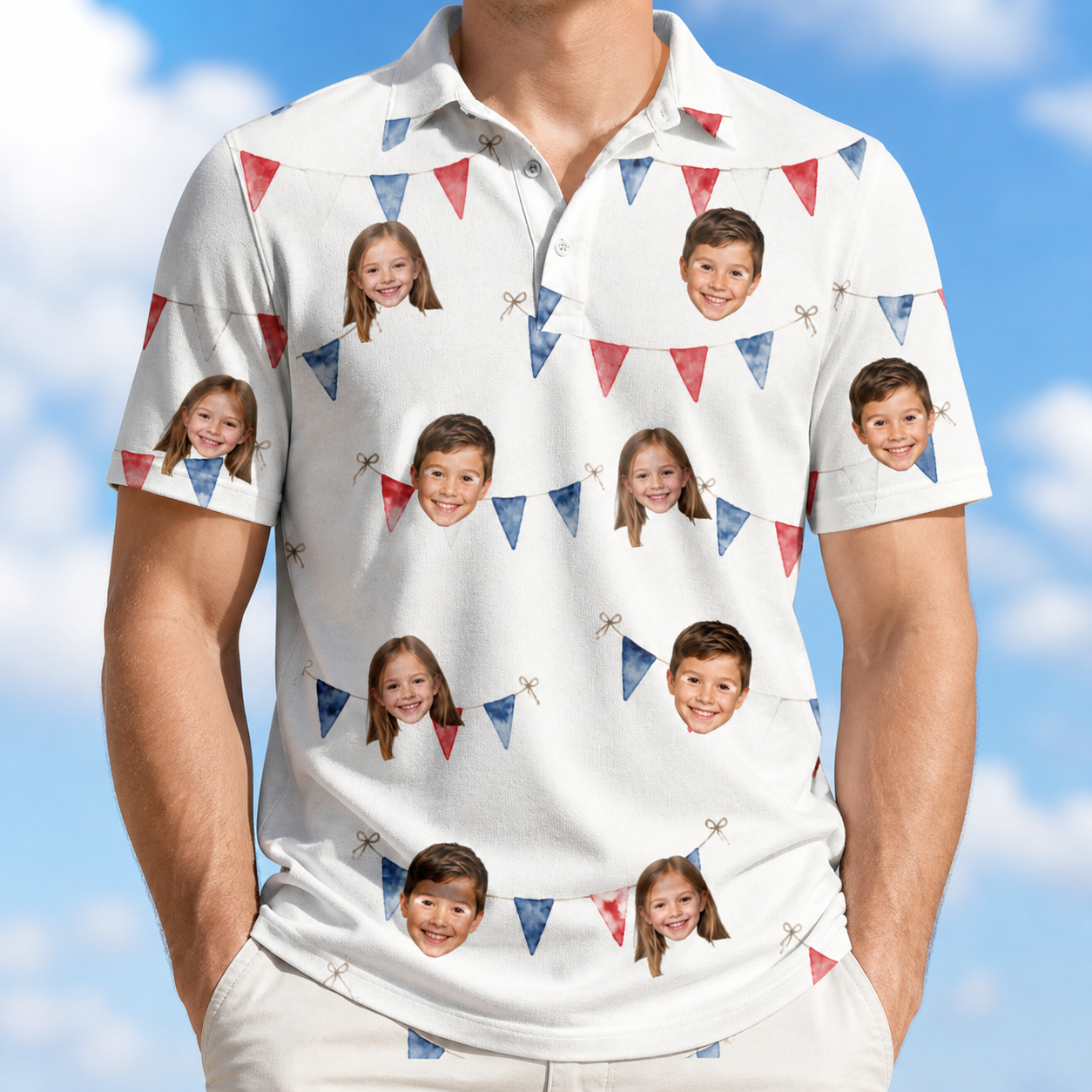 Model wearing Men's Ruby Ruffles Custom Face Polo Shirt printed with kids' faces