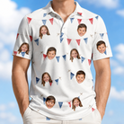 Model wearing Men's Ruby Ruffles Custom Face Polo Shirt printed with kids' faces