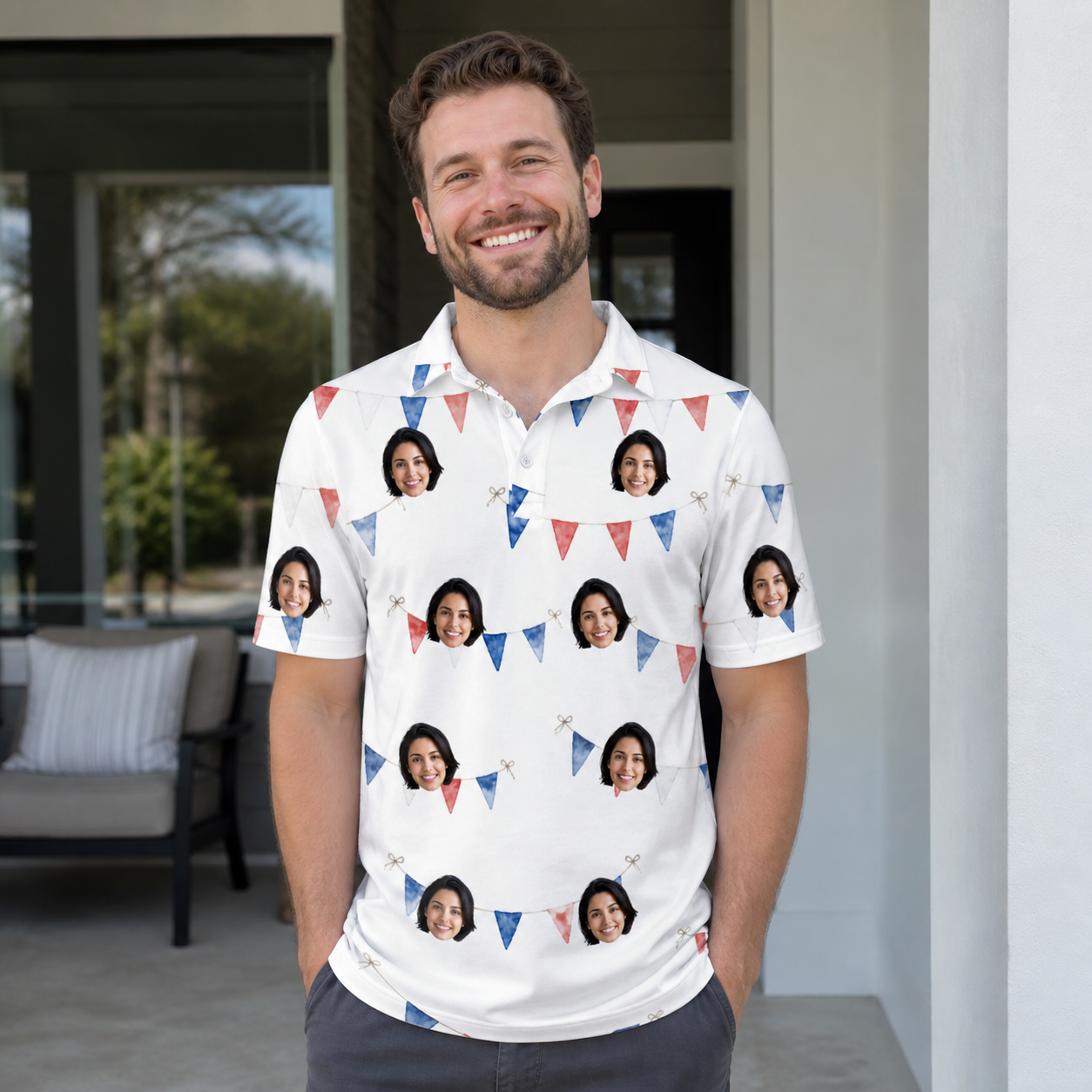 Real-life photo of someone wearing Men's Ruby Ruffles Custom Face Polo Shirt — custom faces printed all-over