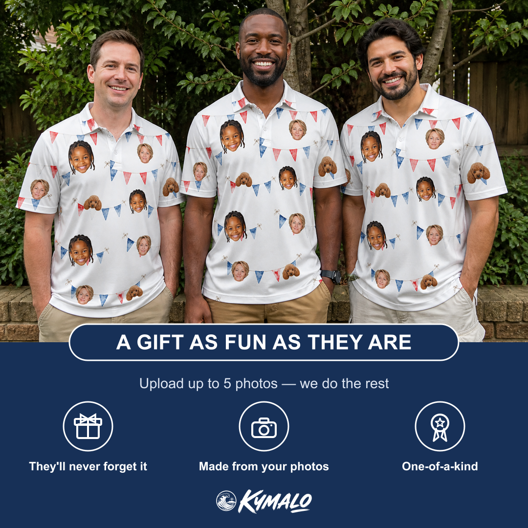 Friends in matching Men's Ruby Ruffles Custom Face Polo Shirt — a group gift photo