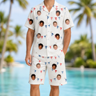 Model wearing Men's Ruby Ruffles Custom Face Shirt & Shorts Set printed with kids' faces