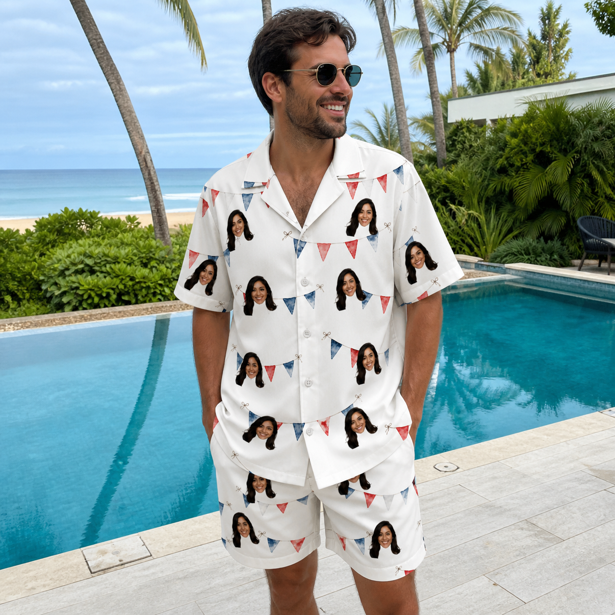 Real-life photo of someone wearing Men's Ruby Ruffles Custom Face Shirt & Shorts Set — custom faces printed all-over