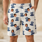 Model wearing Men's Crown Capers Custom Face Beach Shorts printed with kids' faces