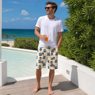 Real-life photo of someone wearing Men's Crown Capers Custom Face Beach Shorts — custom faces printed all-over