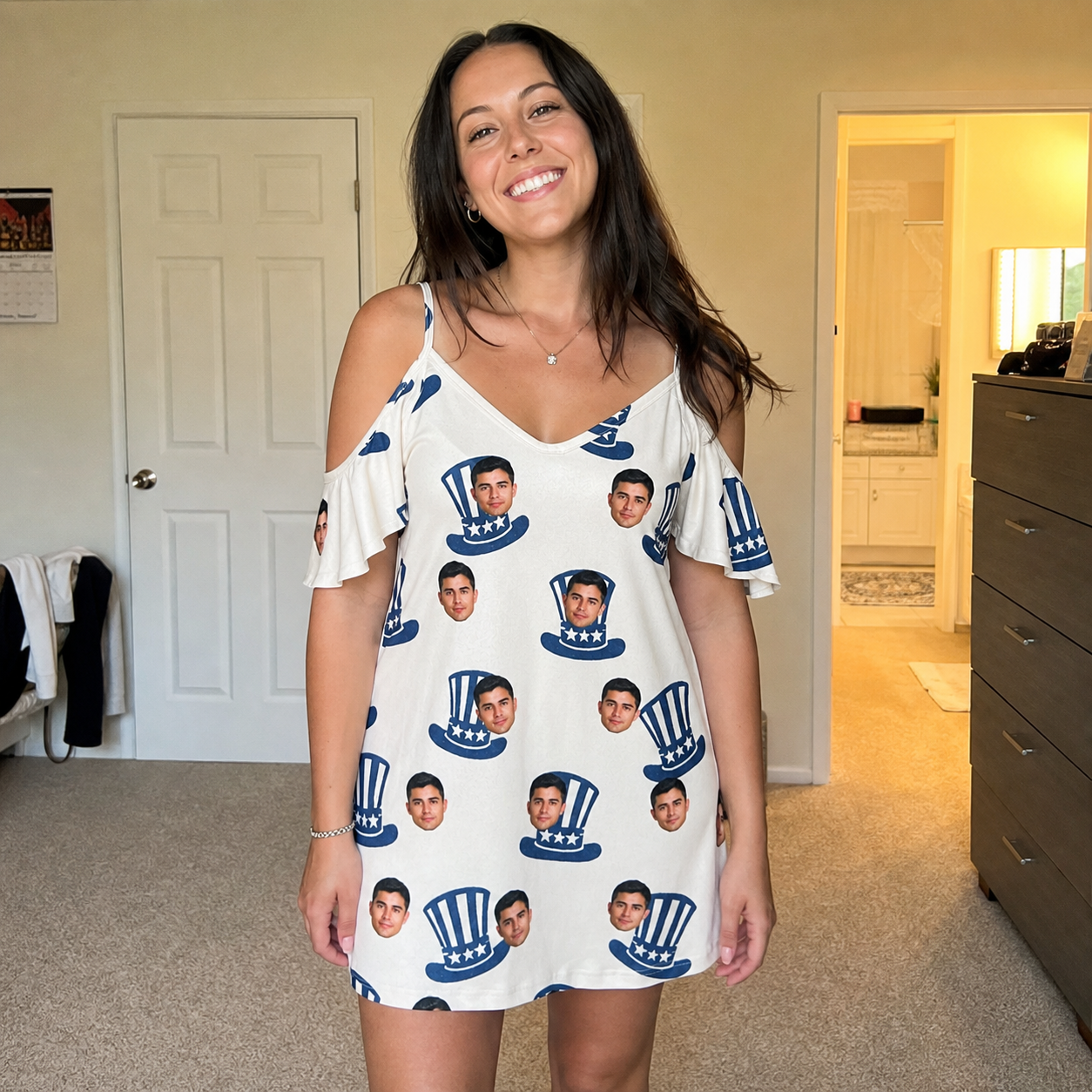 Real-life photo of someone wearing Women's Crown Capers Custom Face Off-Shoulder Dress — custom faces printed all-over