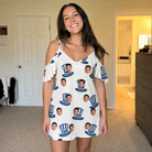 Real-life photo of someone wearing Women's Crown Capers Custom Face Off-Shoulder Dress — custom faces printed all-over