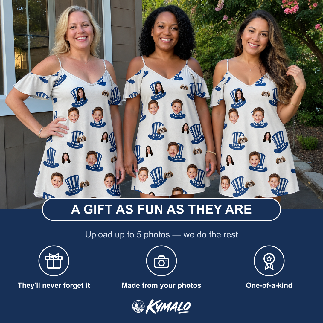 Friends in matching Women's Crown Capers Custom Face Off-Shoulder Dress — a group gift photo