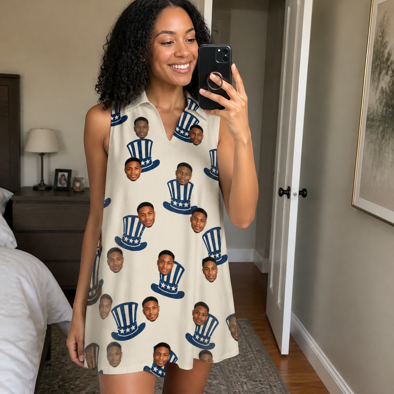 Real-life photo of someone wearing Women's Crown Capers Custom Face V-Neck Dress — custom faces printed all-over