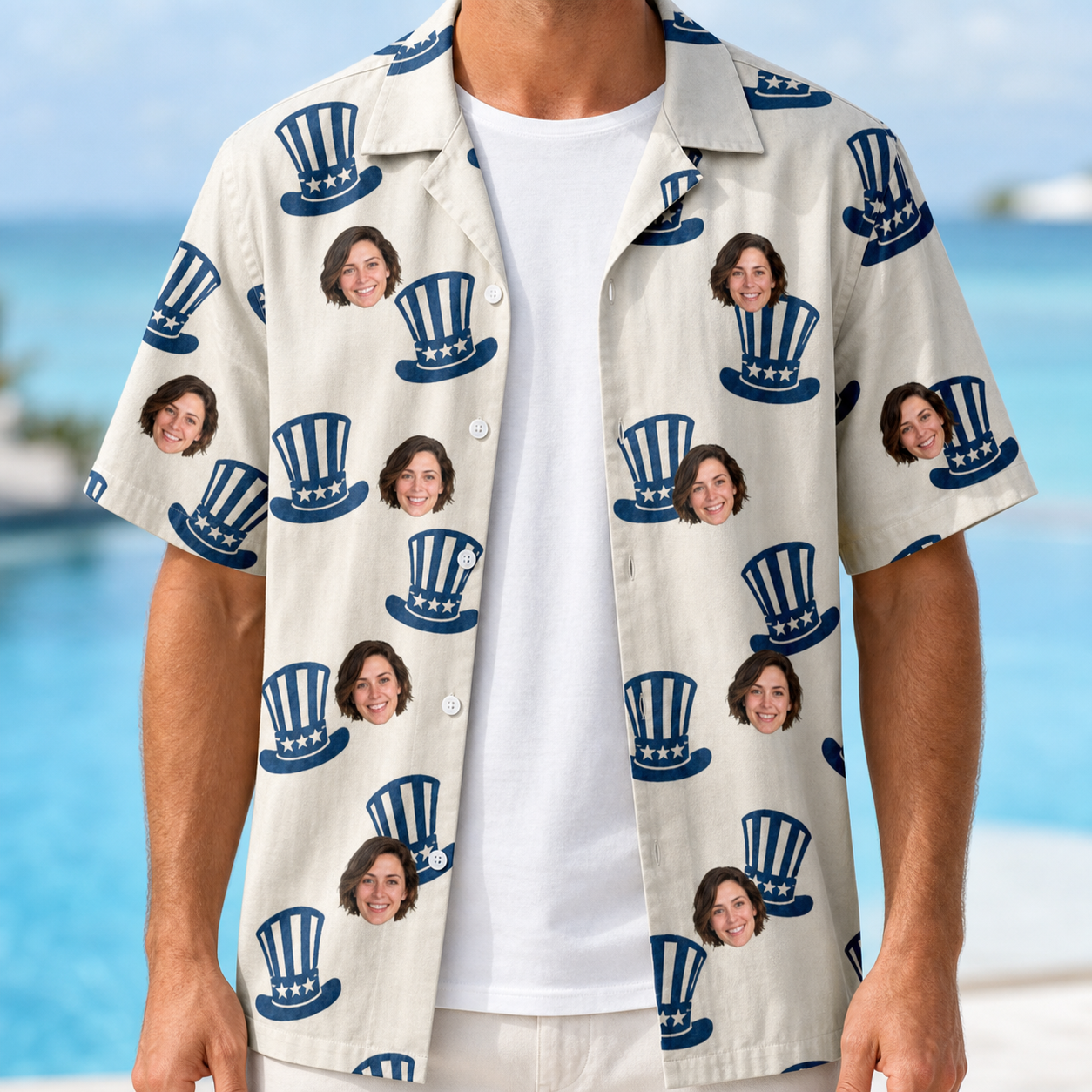 Man wearing Men's Crown Capers Custom Face Hawaiian Shirt open over a white tee