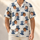 Model wearing Men's Crown Capers Custom Face Hawaiian Shirt printed with kids' faces