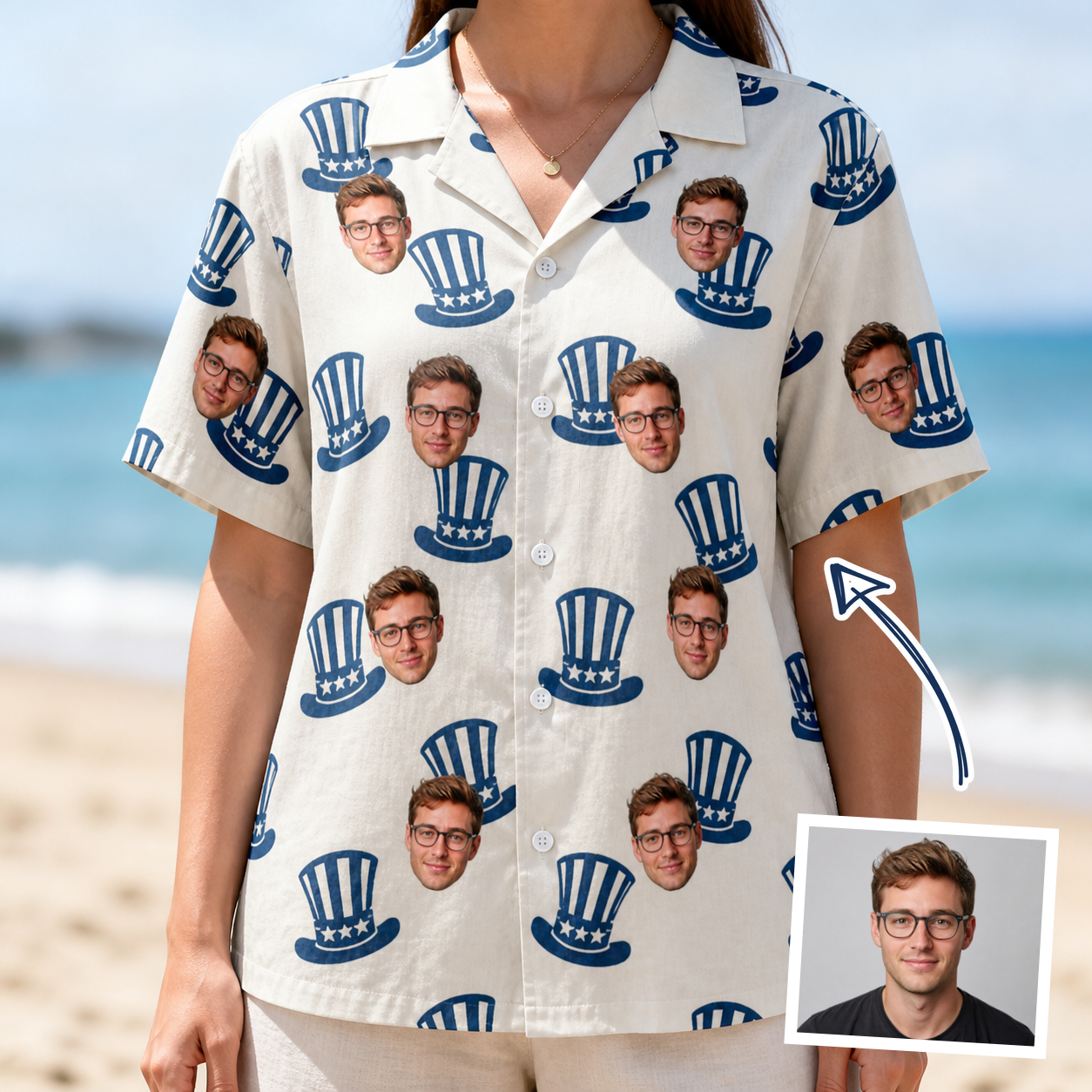 Woman wearing Women's Crown Capers Custom Face Hawaiian Shirt — custom faces printed all-over