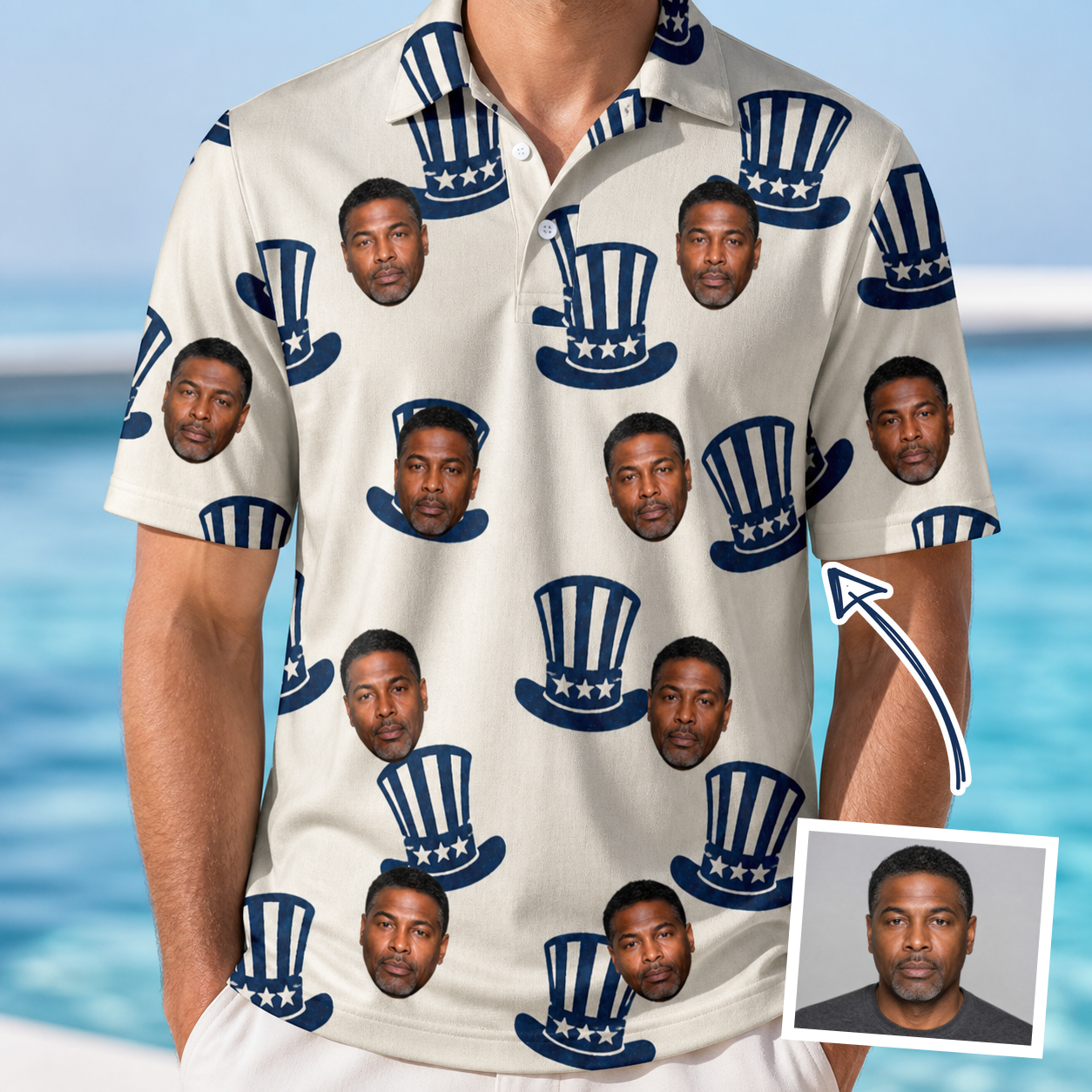 Man wearing Men's Crown Capers Custom Face Polo Shirt — custom faces printed all-over