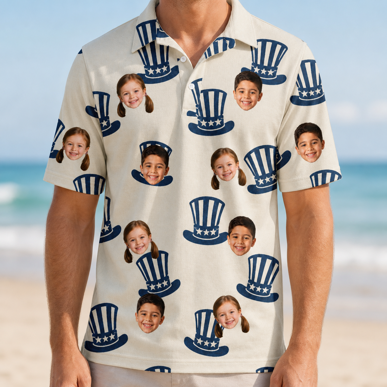 Model wearing Men's Crown Capers Custom Face Polo Shirt printed with kids' faces
