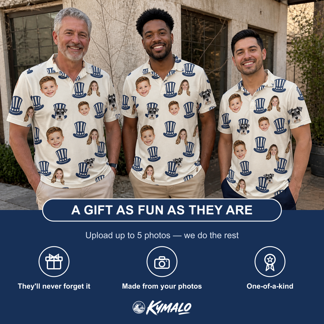 Friends in matching Men's Crown Capers Custom Face Polo Shirt — a group gift photo