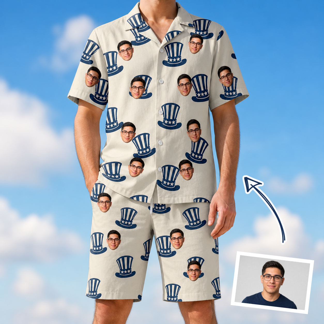 Man wearing Men's Crown Capers Custom Face Shirt & Shorts Set — custom faces printed all-over