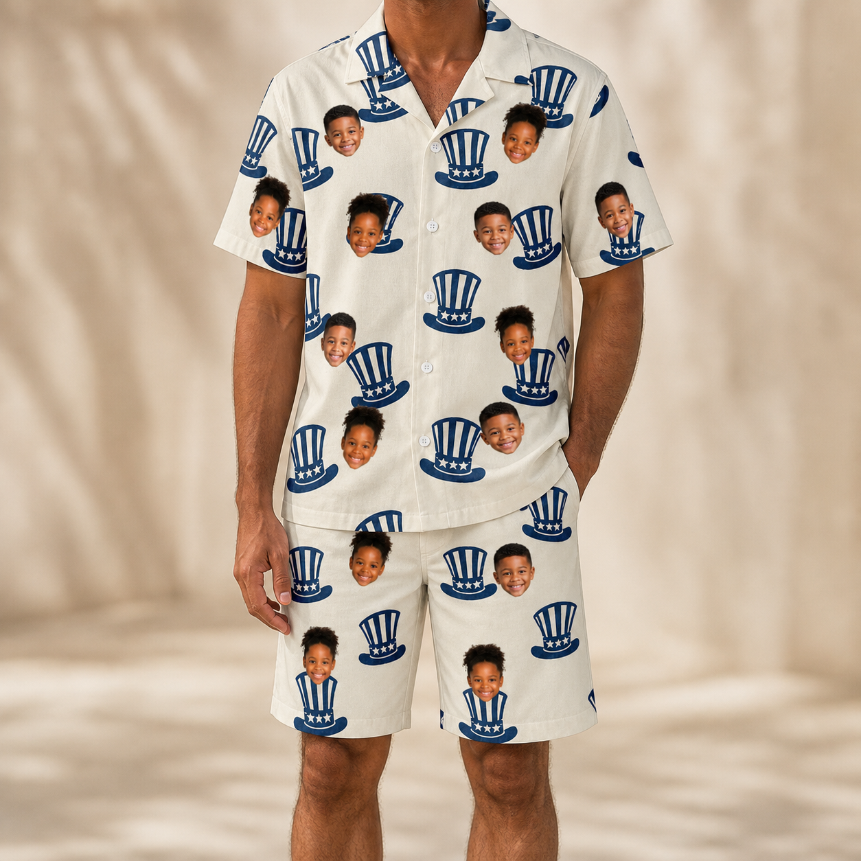 Model wearing Men's Crown Capers Custom Face Shirt & Shorts Set printed with kids' faces