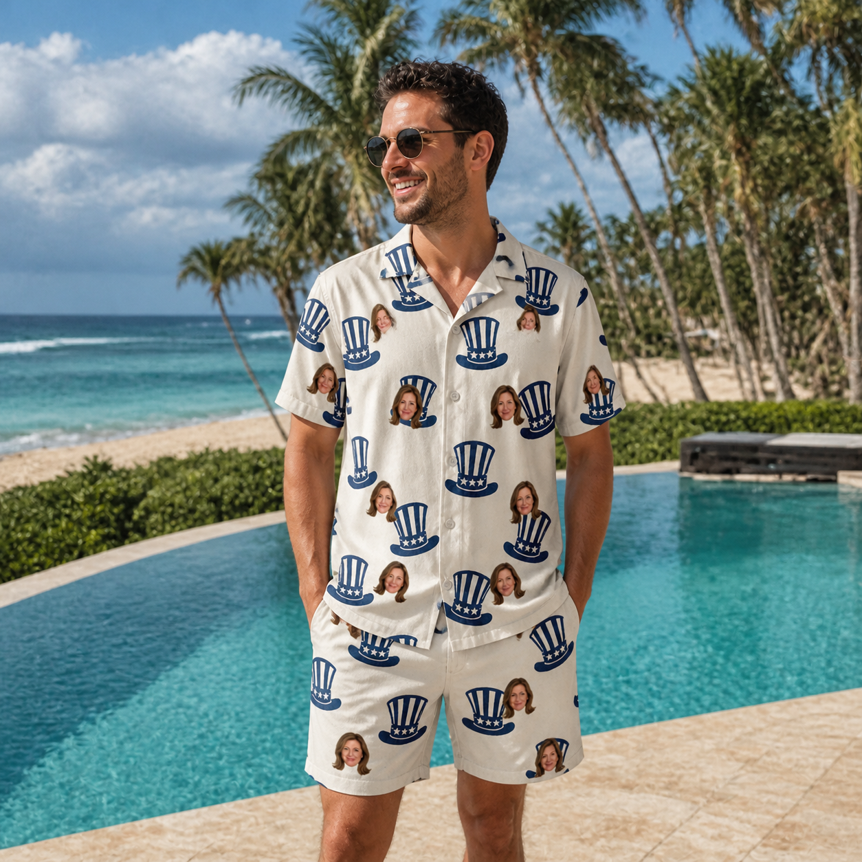 Real-life photo of someone wearing Men's Crown Capers Custom Face Shirt & Shorts Set — custom faces printed all-over