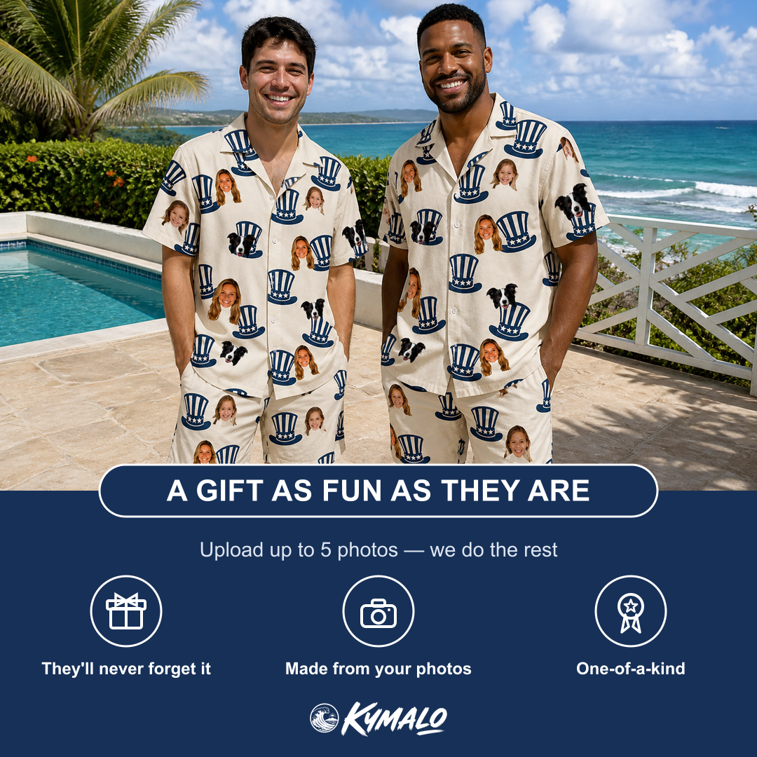 Friends in matching Men's Crown Capers Custom Face Shirt & Shorts Set — a group gift photo