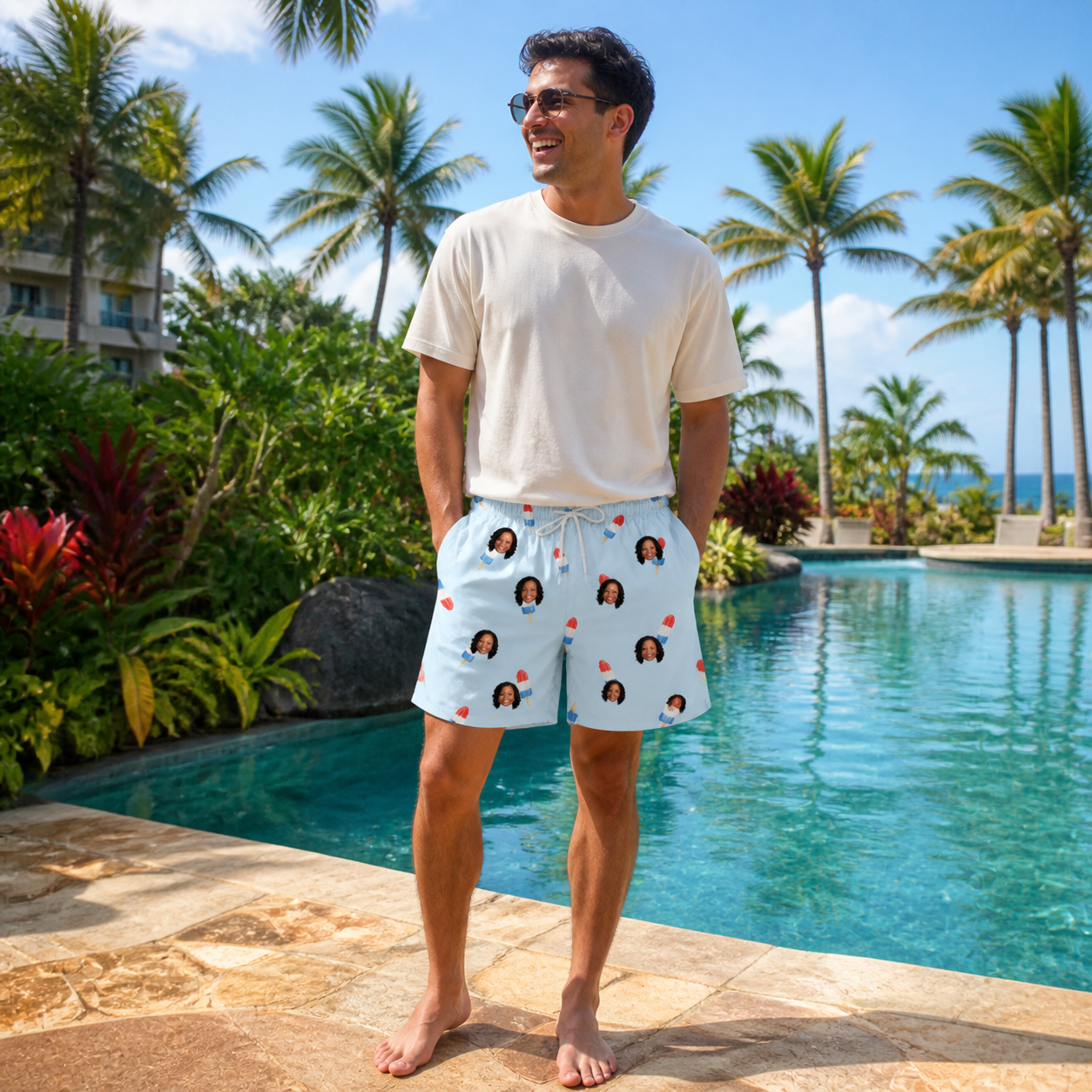 Real-life photo of someone wearing Men's Red White Chill Custom Face Beach Shorts — custom faces printed all-over