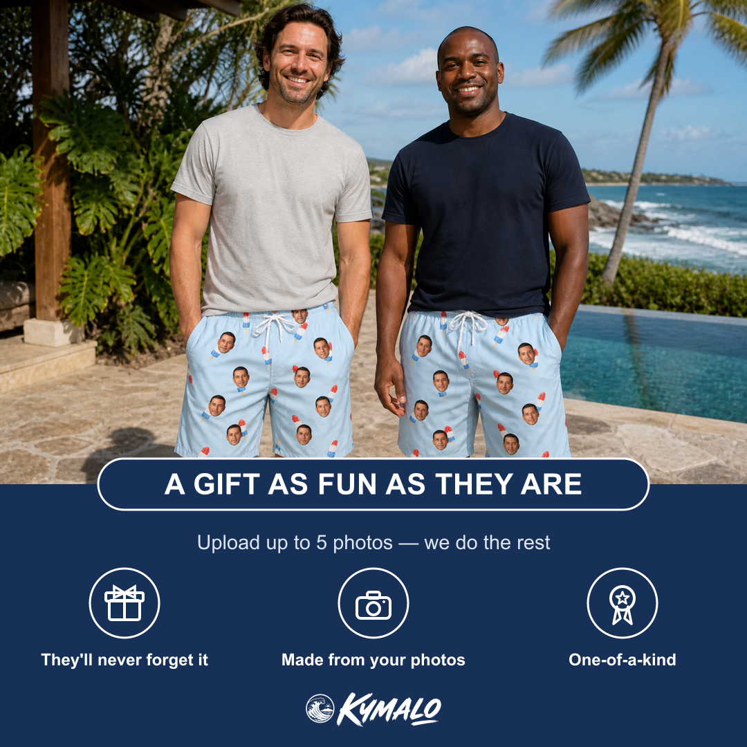 Friends in matching Men's Red White Chill Custom Face Beach Shorts — a group gift photo