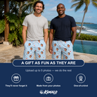 Friends in matching Men's Red White Chill Custom Face Beach Shorts — a group gift photo