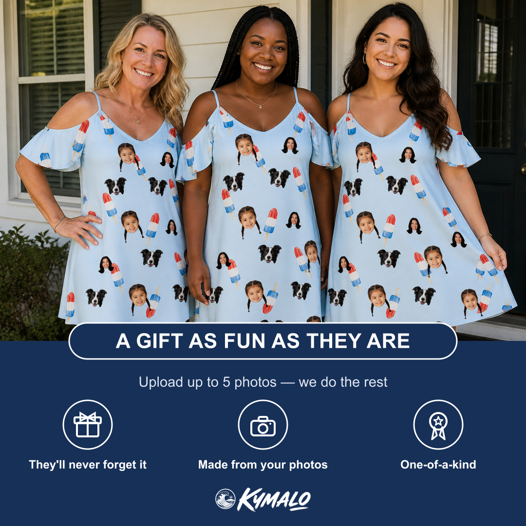 Friends in matching Women's Red White Chill Custom Face Off-Shoulder Dress — a group gift photo