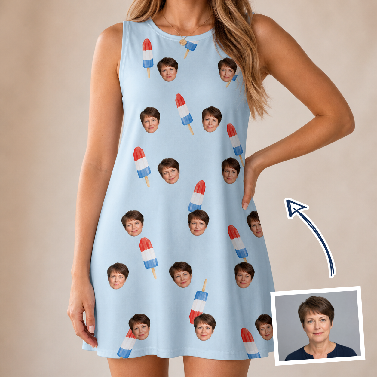 Woman wearing Women's Red White Chill Custom Face Tank Dress — custom faces printed all-over