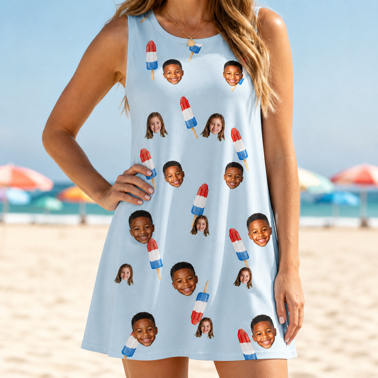 Model wearing Women's Red White Chill Custom Face Tank Dress printed with kids' faces