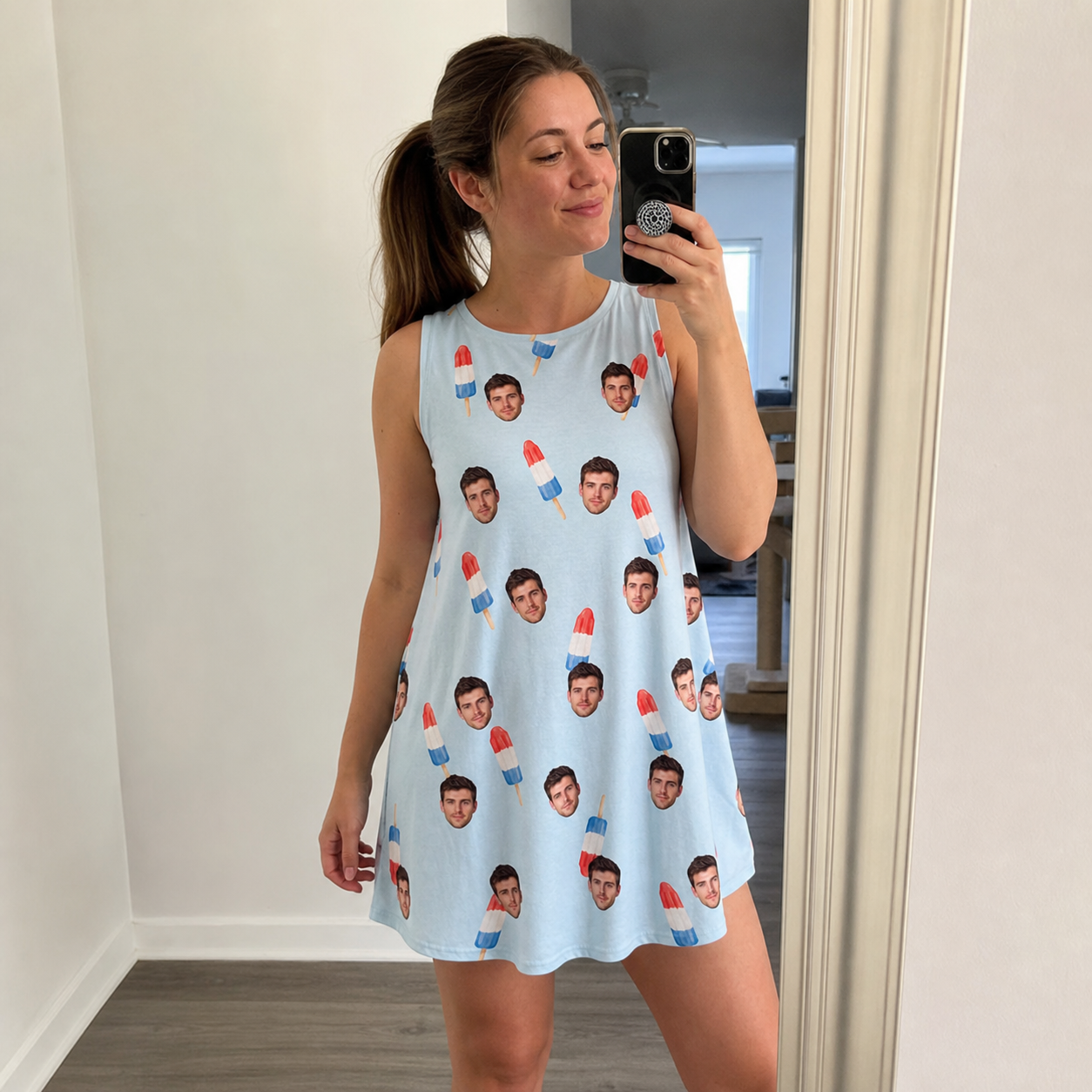 Real-life photo of someone wearing Women's Red White Chill Custom Face Tank Dress — custom faces printed all-over