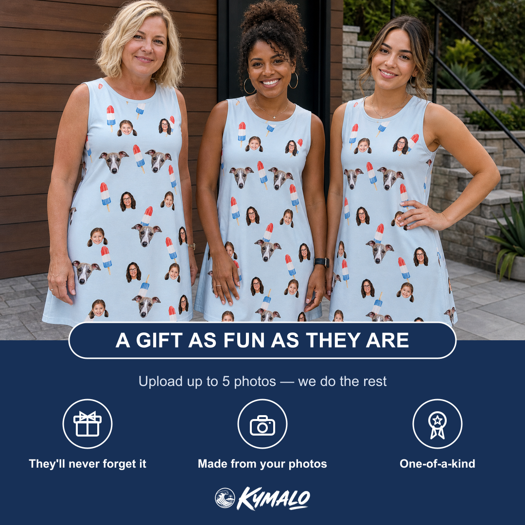 Friends in matching Women's Red White Chill Custom Face Tank Dress — a group gift photo