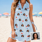 Woman wearing Women's Red White Chill Custom Face V-Neck Dress — custom faces printed all-over