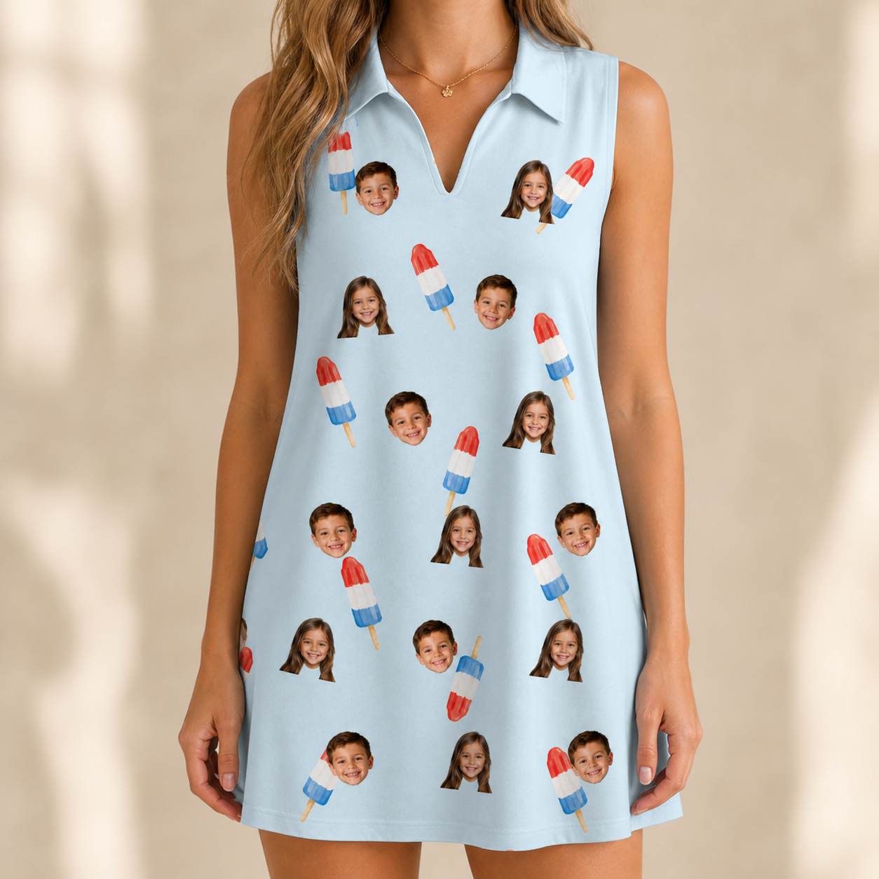 Model wearing Women's Red White Chill Custom Face V-Neck Dress printed with kids' faces