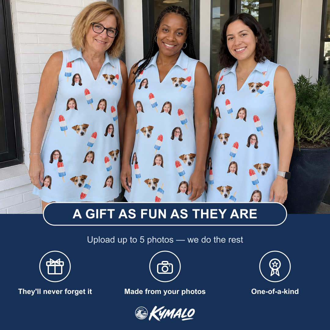 Friends in matching Women's Red White Chill Custom Face V-Neck Dress — a group gift photo