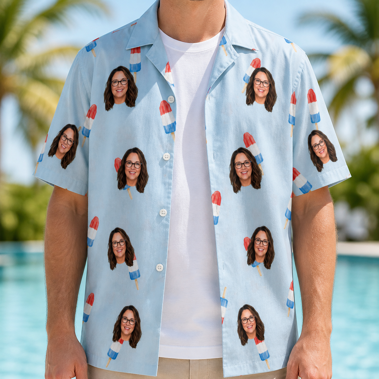 Man wearing Men's Red White Chill Custom Face Hawaiian Shirt open over a white tee