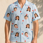 Model wearing Men's Red White Chill Custom Face Hawaiian Shirt printed with kids' faces