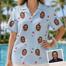 Woman wearing Women's Red White Chill Custom Face Hawaiian Shirt — custom faces printed all-over
