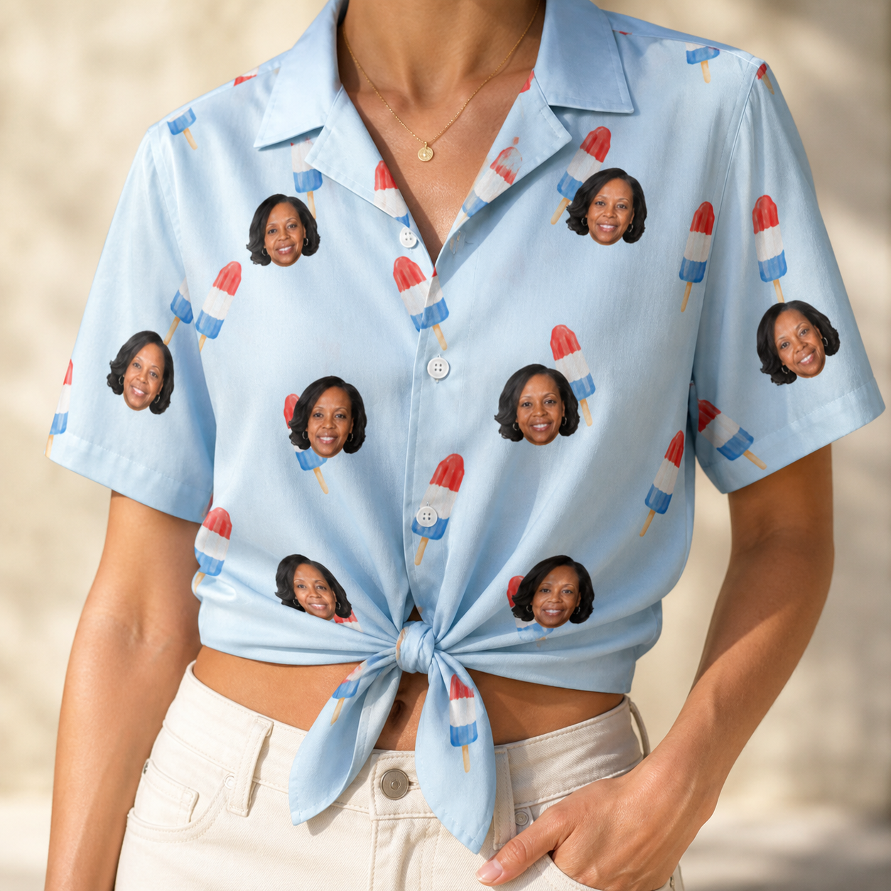 Woman wearing Women's Red White Chill Custom Face Hawaiian Shirt tied at the waist