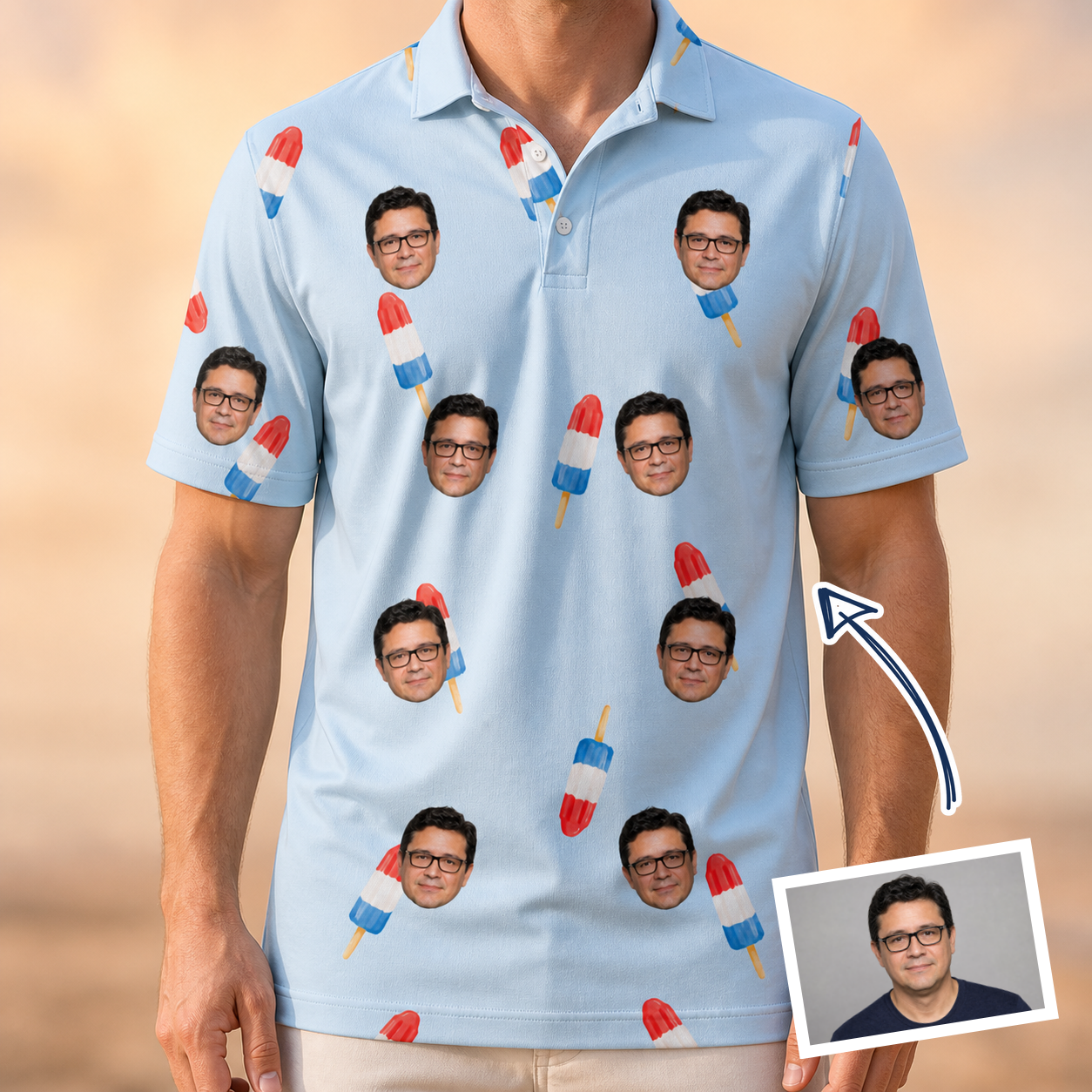 Man wearing Men's Red White Chill Custom Face Polo Shirt — custom faces printed all-over