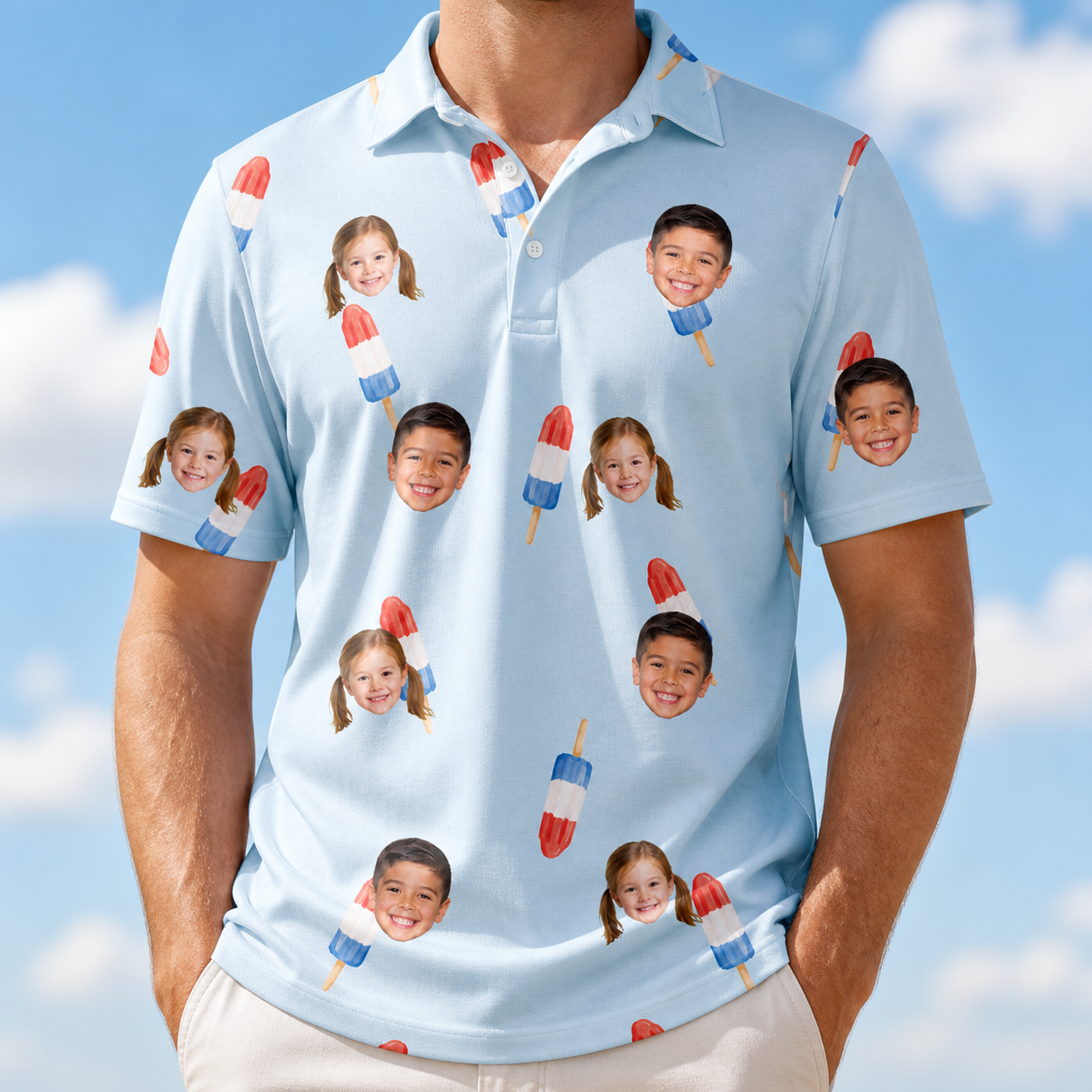 Model wearing Men's Red White Chill Custom Face Polo Shirt printed with kids' faces