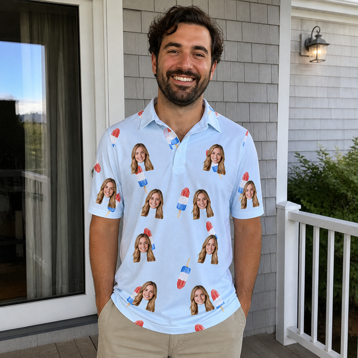 Real-life photo of someone wearing Men's Red White Chill Custom Face Polo Shirt — custom faces printed all-over