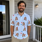 Real-life photo of someone wearing Men's Red White Chill Custom Face Polo Shirt — custom faces printed all-over
