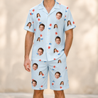 Model wearing Men's Red White Chill Custom Face Shirt & Shorts Set printed with kids' faces
