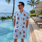 Real-life photo of someone wearing Men's Red White Chill Custom Face Shirt & Shorts Set — custom faces printed all-over