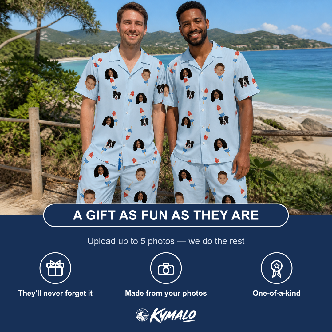 Friends in matching Men's Red White Chill Custom Face Shirt & Shorts Set — a group gift photo