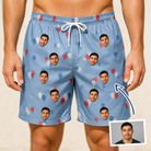 Man wearing Men's Betsy Bounce Custom Face Beach Shorts — custom faces printed all-over
